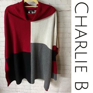EUC Charlie B Color Block Deep Ruby Red Black White Gray Sleeved Knit Poncho S